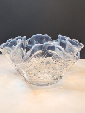 Vintage Fenton Opalescent Glass Bowl. Water Lily + Cattail Pattern. Ruffled Edge